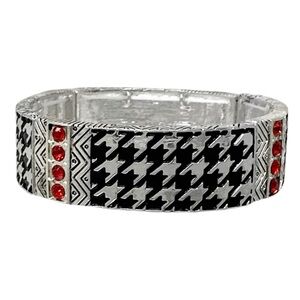 Houndstooth Print Red Rhinestone Panel Stretch Bracelet